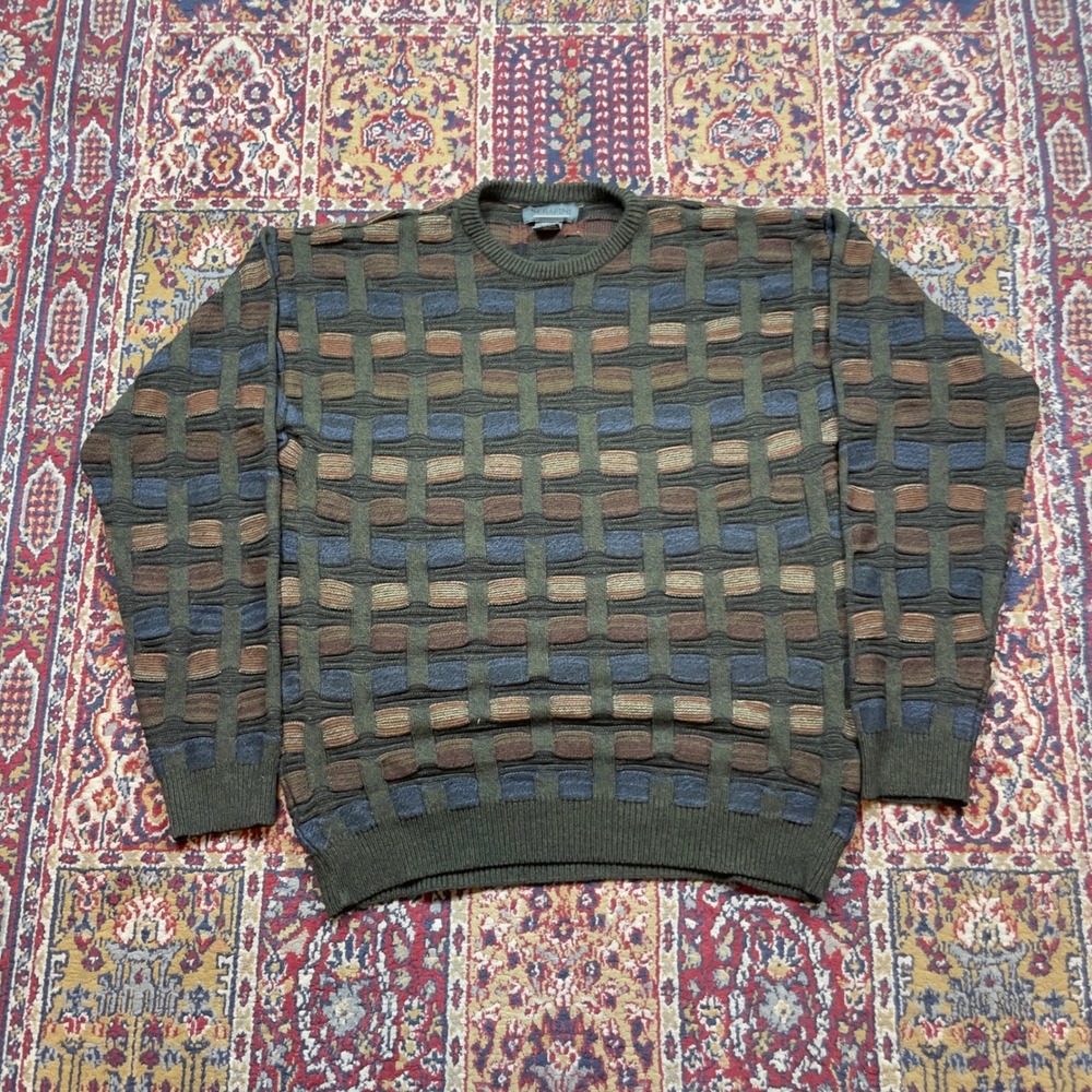 VTG 90s Serafini 3D Textured Basketweave Knit Sweater Olive Earth Tone L Coogi